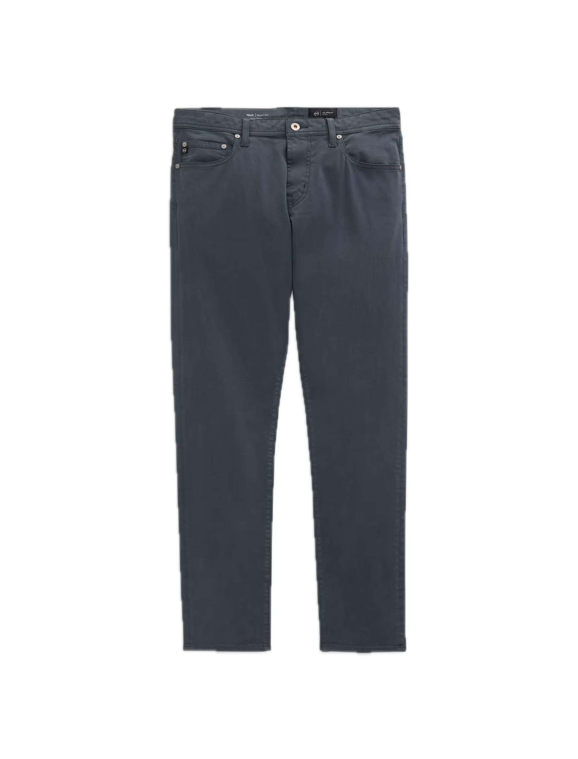 The Tellis Modern Slim Denim jeans by AG Jeans are crafted from Cloud Soft Denim in a dark blue wash, featuring a modern slim silhouette with front and back pockets and a button-and-zip closure, displayed on a white background.