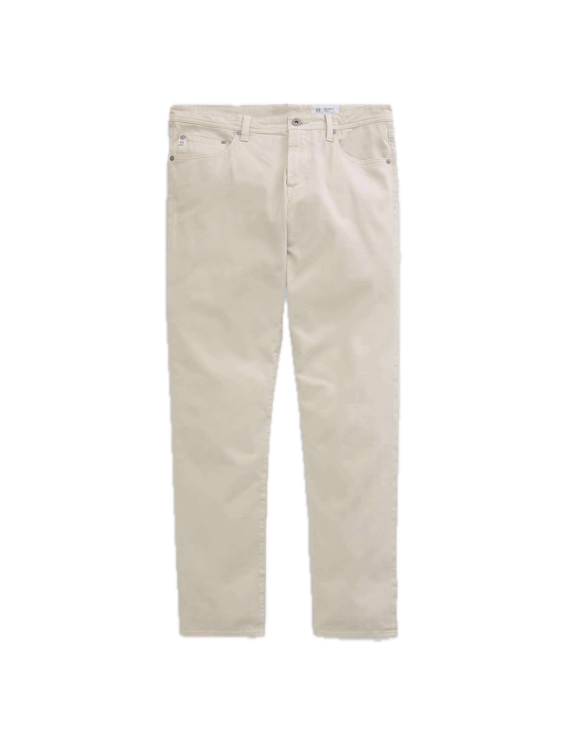 A pair of AG Jeans Tellis Modern Slim Denim jeans in beige, crafted from Cloud Soft Denim with a five-pocket design, shown laid flat against a white background.