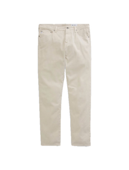 A pair of AG Jeans Tellis Modern Slim Denim jeans in beige, crafted from Cloud Soft Denim with a five-pocket design, shown laid flat against a white background.
