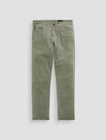 A pair of AG Jeans Everett Slim Straight jeans in light olive green with a mid-rise waist, displayed against a plain white background.