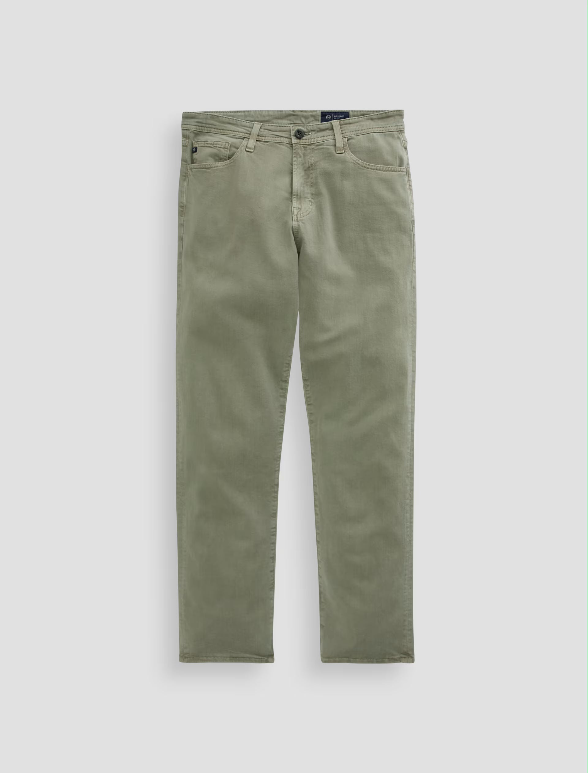 A pair of AG Jeans Everett Slim Straight jeans in light olive green with a mid-rise waist, displayed against a plain white background.
