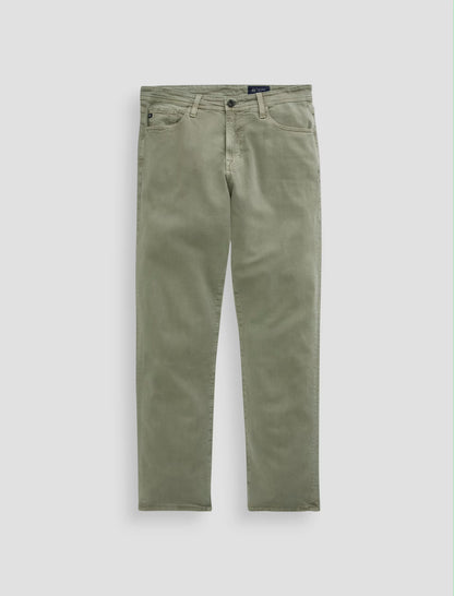 A pair of AG Jeans Everett Slim Straight jeans in light olive green with a mid-rise waist, displayed against a plain white background.