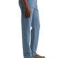 Someone wearing the Everett Slim Straight light blue jeans by AG Jeans, featuring a classic five-pocket design, paired with a white shirt and light brown loafers, stands against a plain background.