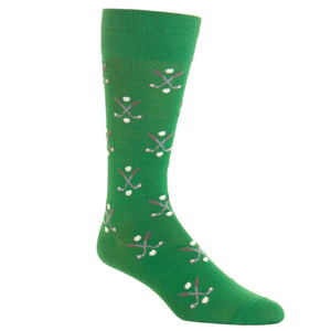 The Dapper Classics Green with Steel Gray and Ash/White Golf Club and Ball Cotton Sock features a stylish mid-calf design with a linked toe—perfect for golf lovers seeking both fun and sophisticated dress socks.