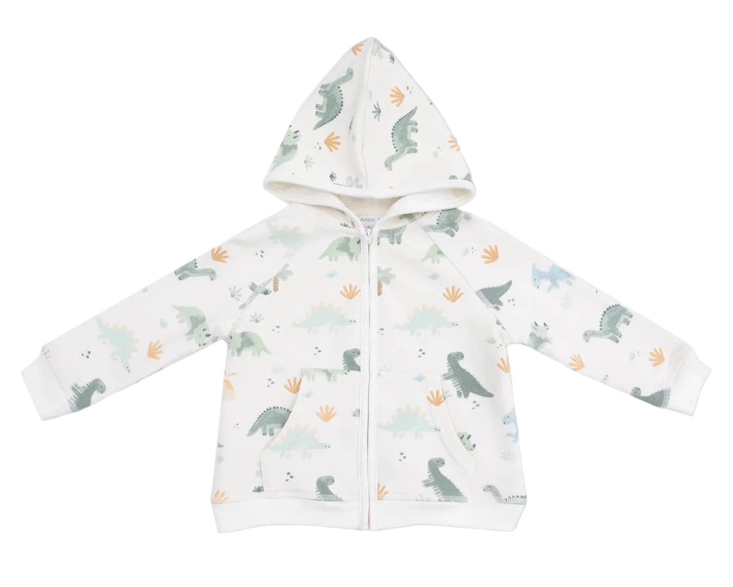 The Angel Dear French Terry Zip Hoodie and Jogger Set for kids features a white zip hoodie with a playful dinosaur print in green, blue, and yellow tones.