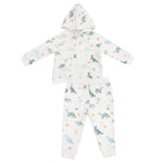 The Angel Dear French Terry Zip Hoodie and Jogger Set for kids features a colorful dinosaur and plant print. This cozy set includes a soft hoodie, ideal for playful days, and is shown on a plain background.