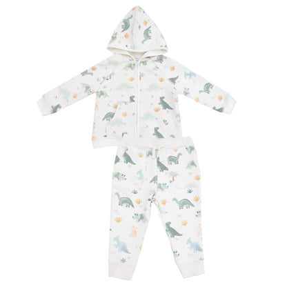 The Angel Dear French Terry Zip Hoodie and Jogger Set for kids features a colorful dinosaur and plant print. This cozy set includes a soft hoodie, ideal for playful days, and is shown on a plain background.