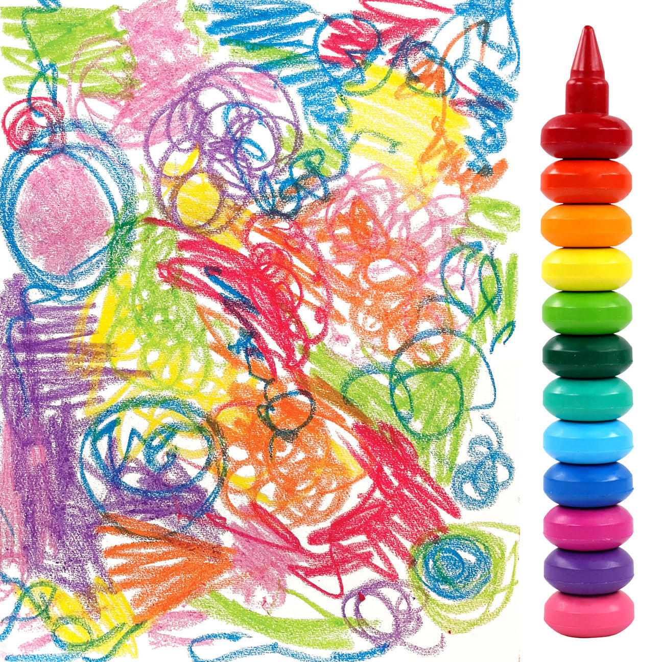 A colorful crayon art and a stack of Bright Stripes Finger Crayons.