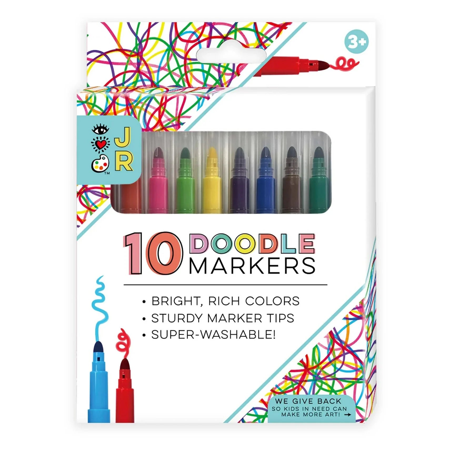 The Bright Stripes Super Washable Doodle Markers come in a box of 10 vibrant colors, feature a super-washable formula, and are packaged for ages 3+—ideal washable markers for kids’ creative projects.