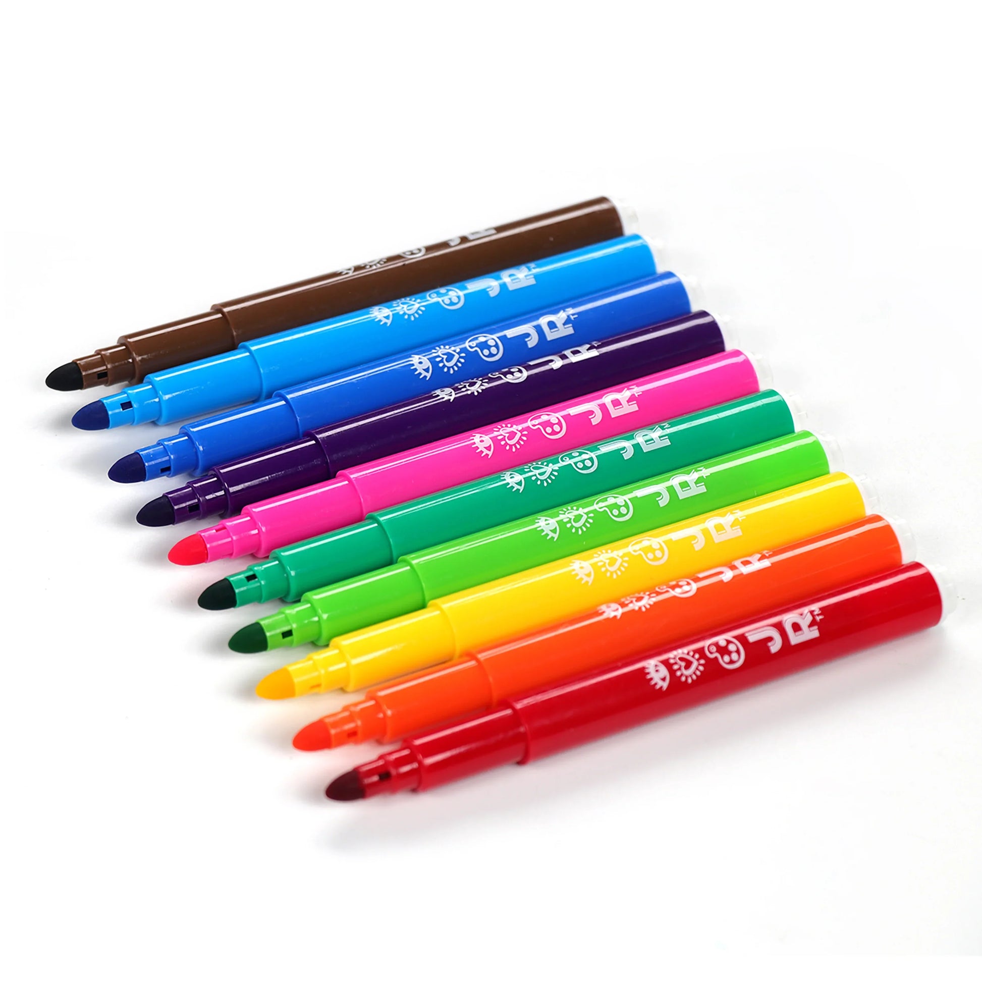 Nine Super Washable Doodle Markers by Bright Stripes, arranged diagonally on a white surface in assorted colors—ideal washable markers for kids’ creative projects.