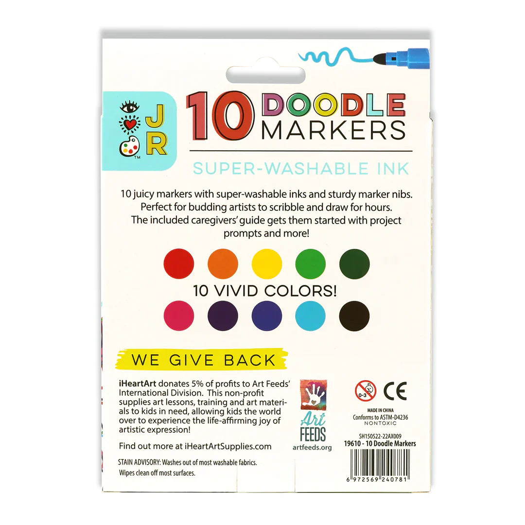 Back of Bright Stripes Super Washable Doodle Markers 10-pack features marker colors, product info, markers designed for kids, and donation details.