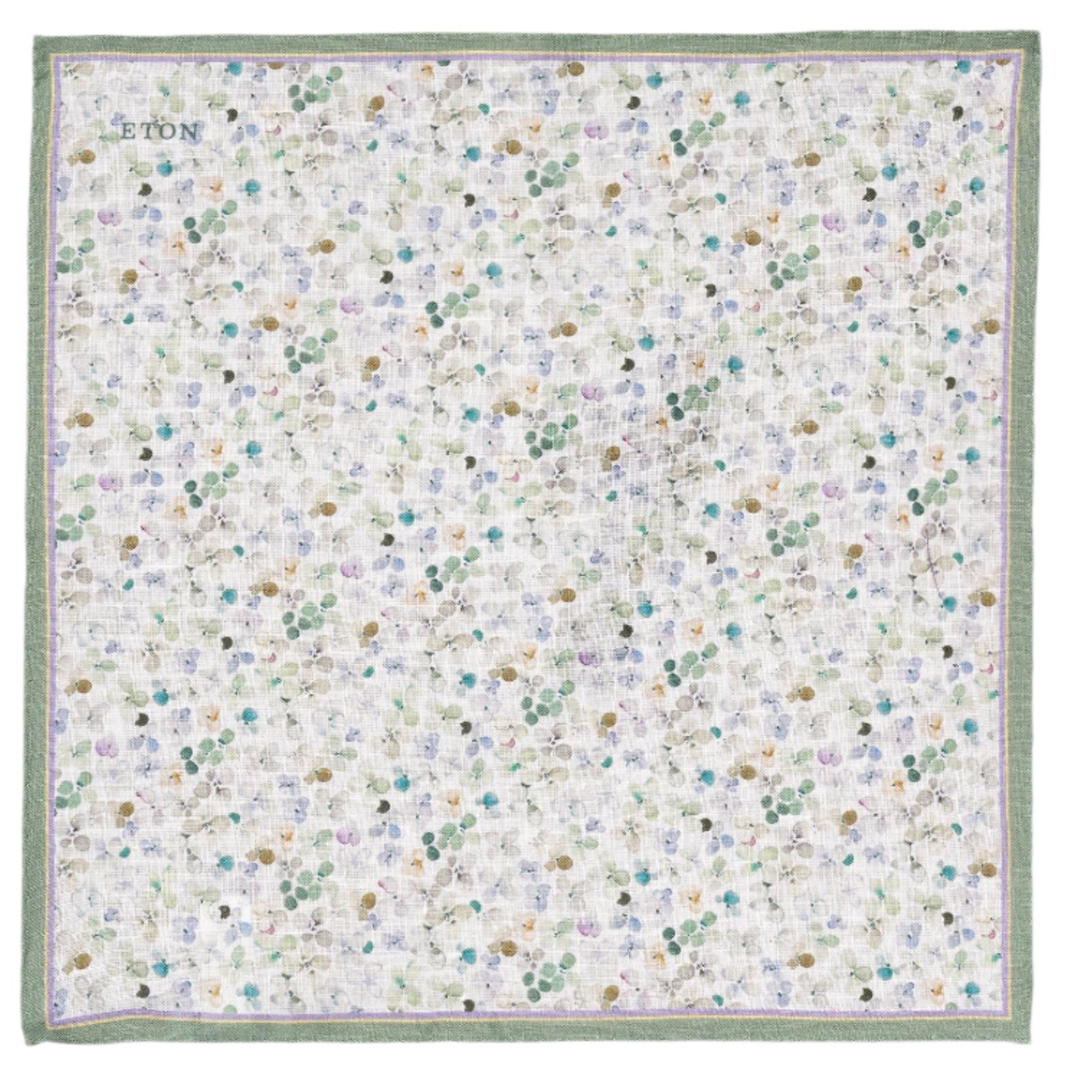 The Eton Light Green Floral Linen Pocket Square features a vibrant polka dot design on white with a green border, embroidered with "Eton" in one corner, ideal for spring attire.