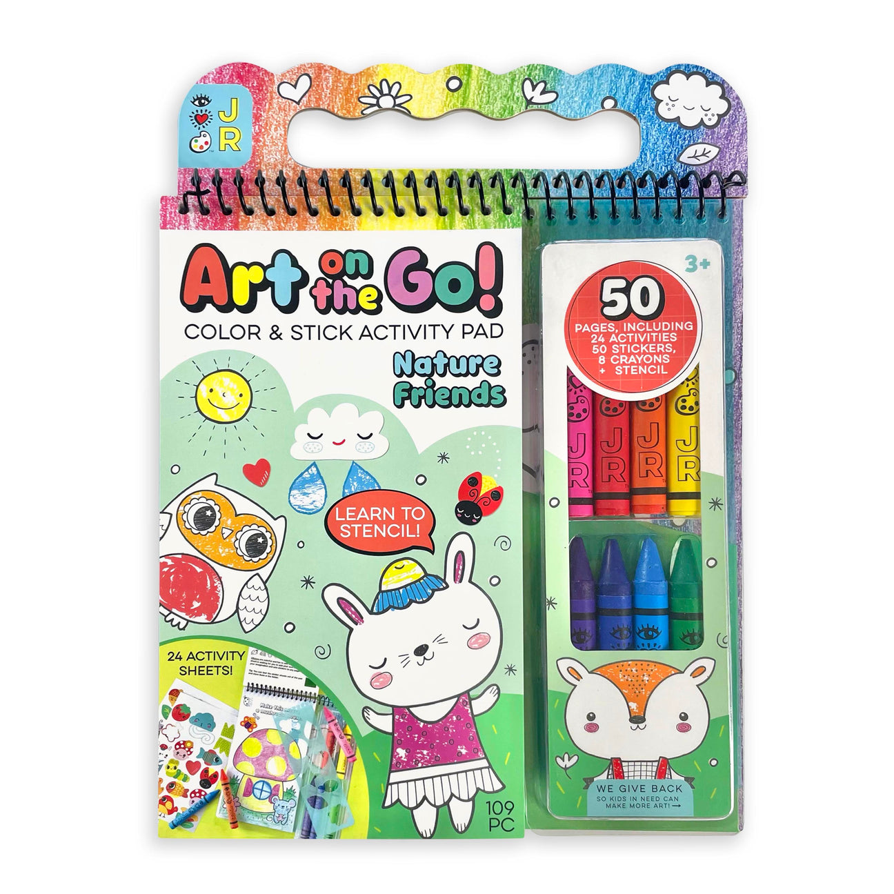 Art on the Go! by Bright Stripes is a portable art station featuring colored markers, crayons, stickers, and illustrated animal activity pages—all in one fun pad.
