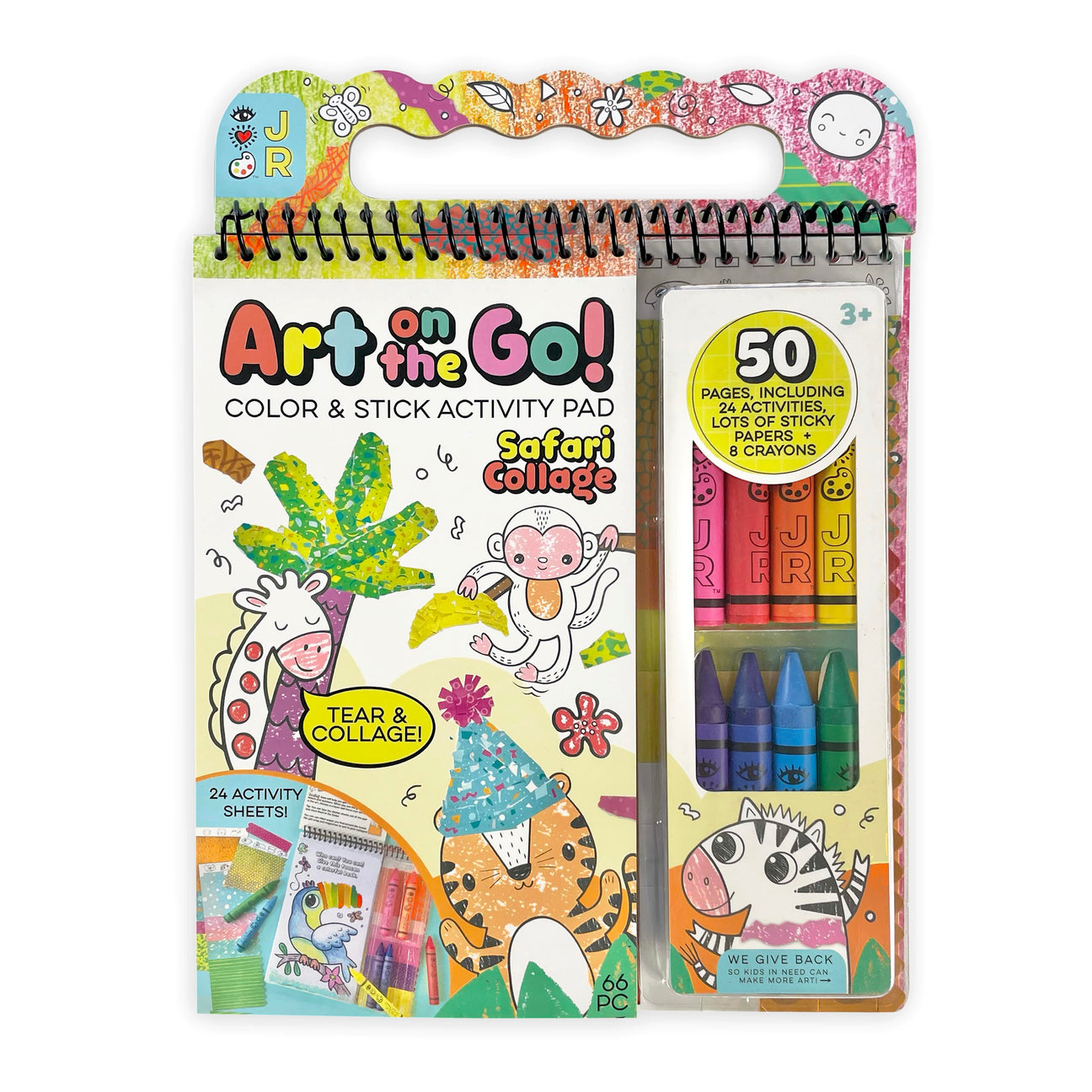 Bright Stripes' Art on the Go! Safari Collage activity pad includes crayons, stickers, and 50 activity pages with colorful animal illustrations—perfect for any art station.