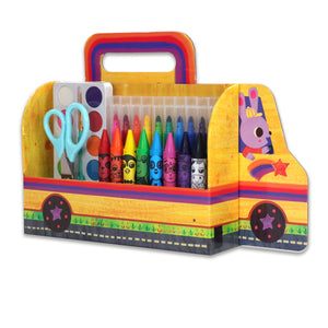 The Bright Stripes Ready for School Art Set is a vibrant, school bus-shaped kit that doubles as a fun desk caddy, with crayons, markers, watercolors, scissors, and a paintbrush all organized inside a durable cardboard case.