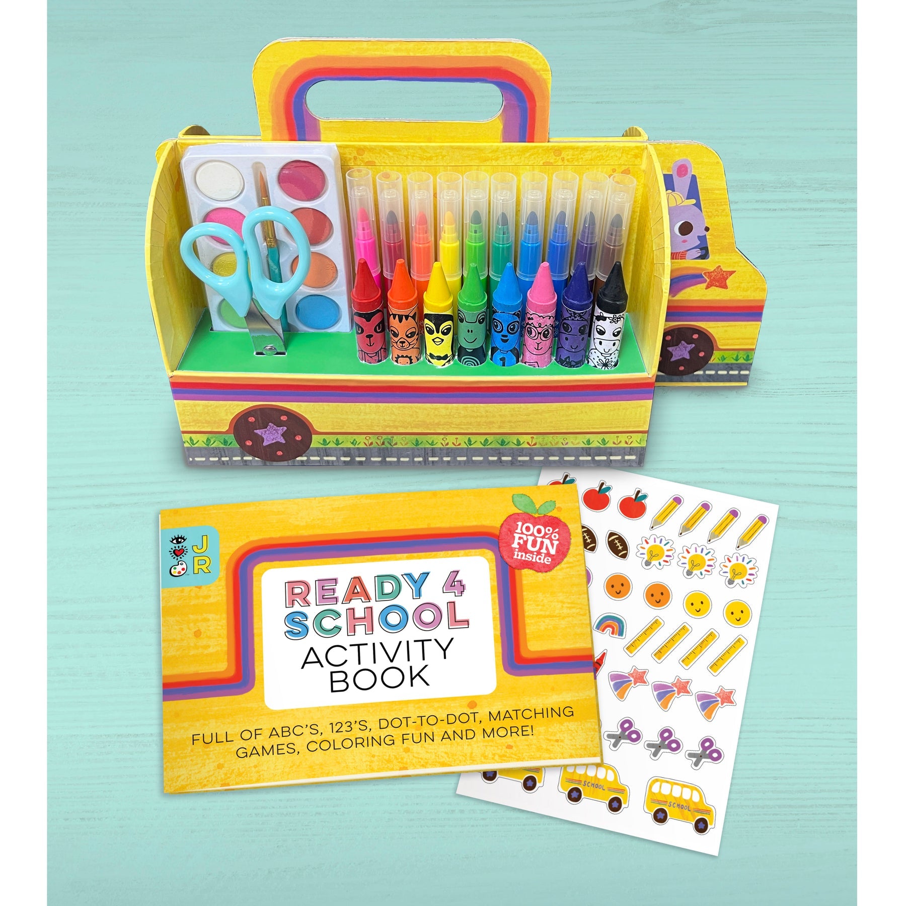 The Bright Stripes Ready for School Art Set, featuring paints, crayons, scissors, glue, an activity book, and a sticker sheet arranged on a light blue surface—an ideal school art supply kit to spark creativity.