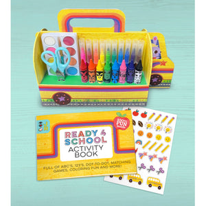The Bright Stripes Ready for School Art Set, featuring paints, crayons, scissors, glue, an activity book, and a sticker sheet arranged on a light blue surface—an ideal school art supply kit to spark creativity.