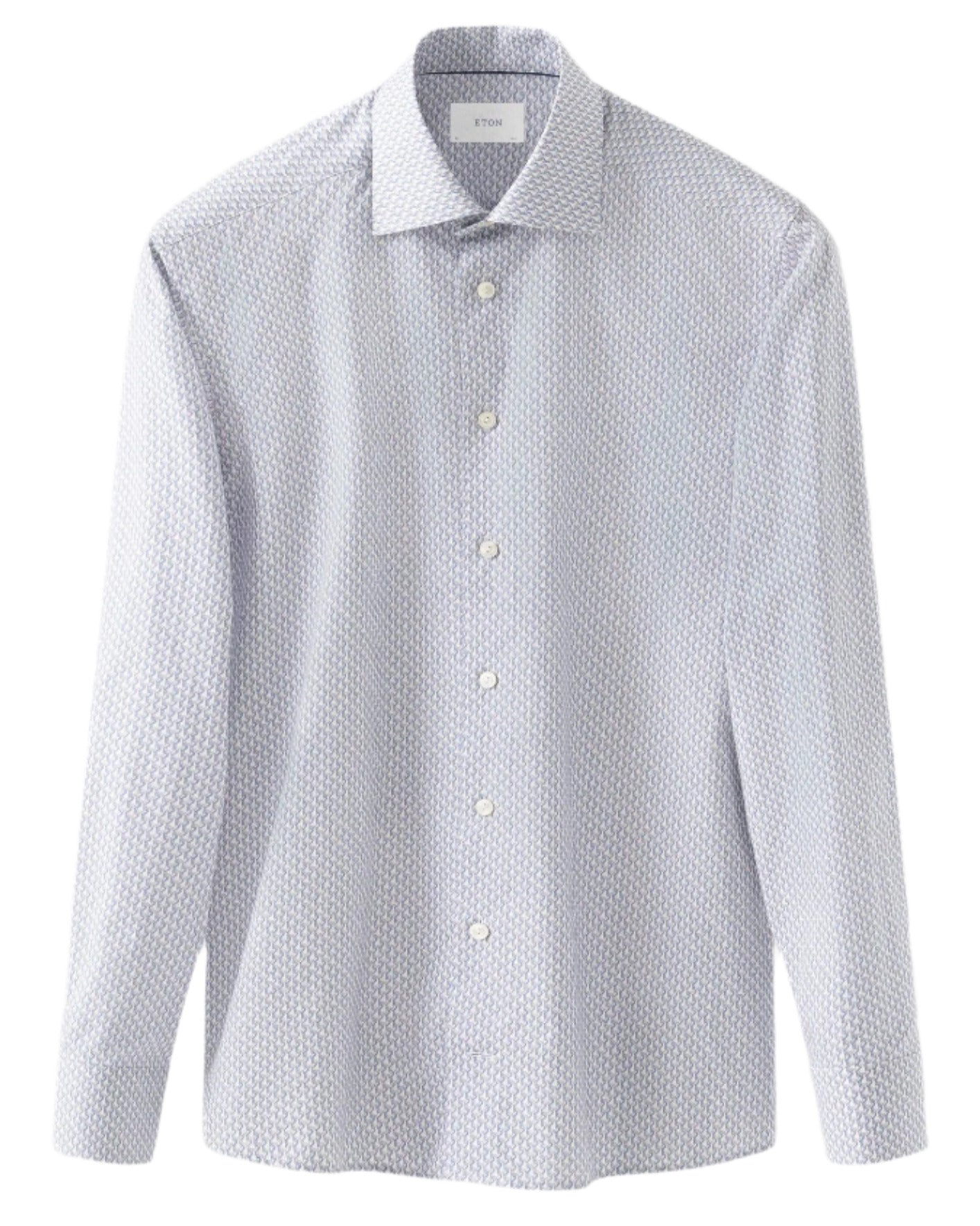 The Eton Cut Away Slim Signature Twill Parrot Shirt is a light gray long-sleeve button-up made from extra-long staple cotton, featuring a subtle geometric pattern and wrinkle-free fabric.