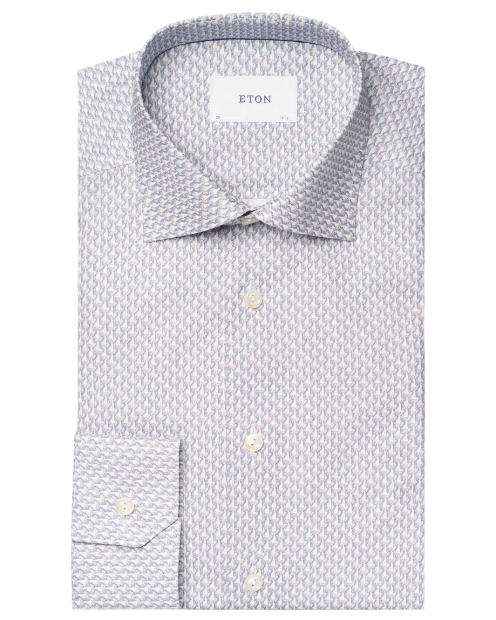 A neatly folded Cut Away Slim Signature Twill Parrot Shirt by Eton, crafted from extra long staple cotton with a subtle geometric pattern in shades of white and gray, featuring a classic collar and buttoned cuffs.