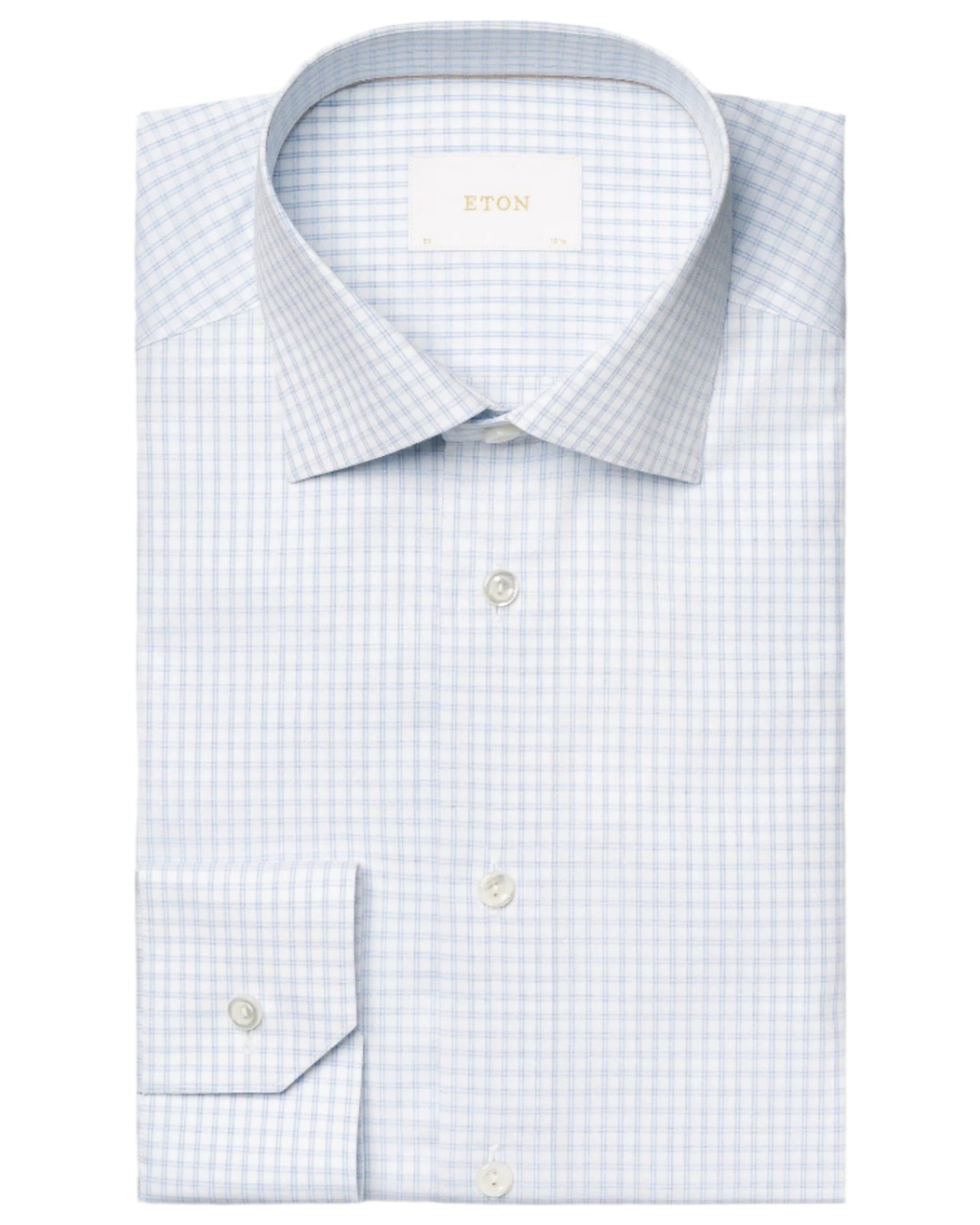 The Eton Light Blue Check Signature Twill Cut Away Contemporary Shirt features a smart check pattern, pocket, and buttoned cuffs—ideal for a polished business look.