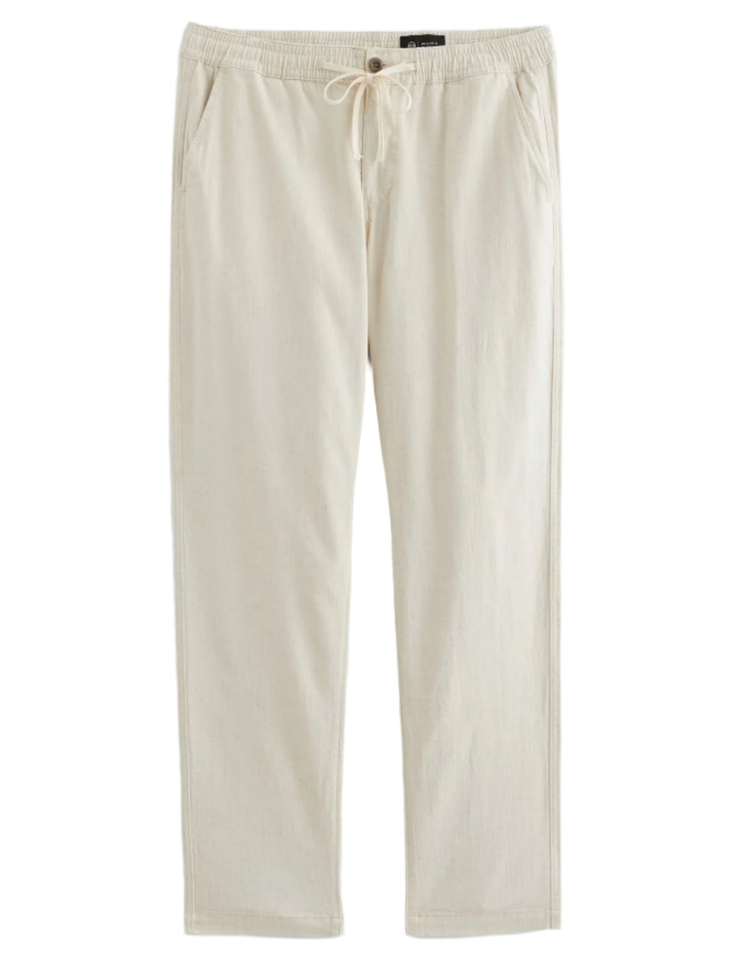 The Tate Drawstring Pant by AG Jeans features twill linen khaki fabric, a relaxed drawstring waistband, and side pockets, shown here laid flat on a white background.