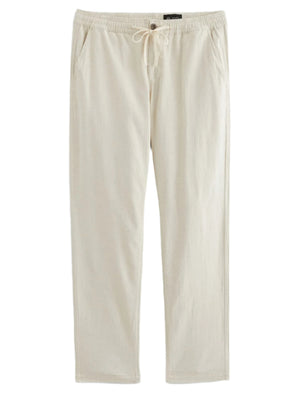 The Tate Drawstring Pant by AG Jeans features twill linen khaki fabric, a relaxed drawstring waistband, and side pockets, shown here laid flat on a white background.