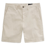 A pair of beige khaki Archie Shorts by AG Jeans, crafted from premium Sorrento Stretch Twill Italian fabric and featuring front pockets, belt loops, and a button closure, displayed on a white background.