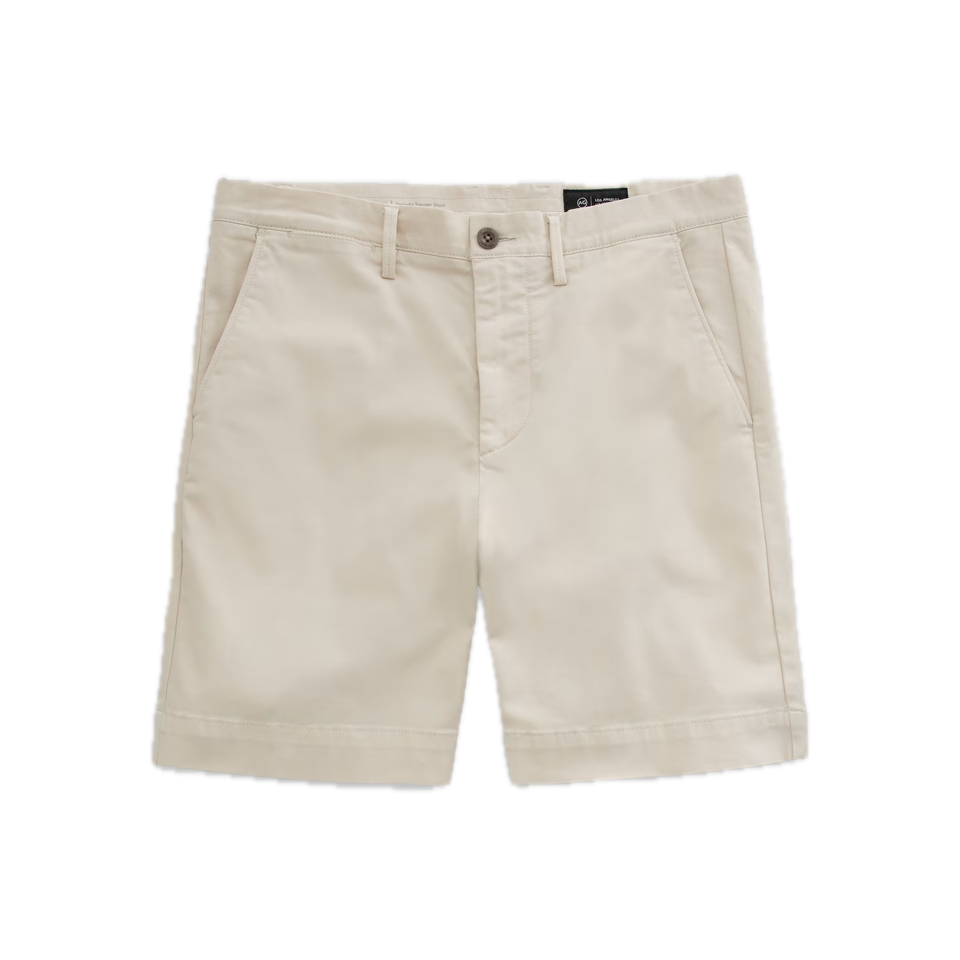 A pair of beige khaki Archie Shorts by AG Jeans, crafted from premium Sorrento Stretch Twill Italian fabric and featuring front pockets, belt loops, and a button closure, displayed on a white background.