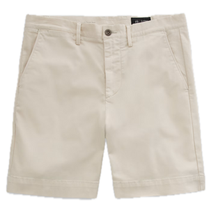 A pair of beige khaki Archie Shorts by AG Jeans, crafted from premium Sorrento Stretch Twill Italian fabric and featuring front pockets, belt loops, and a button closure, displayed on a white background.