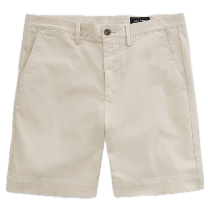 A pair of beige khaki Archie Shorts by AG Jeans, crafted from premium Sorrento Stretch Twill Italian fabric and featuring front pockets, belt loops, and a button closure, displayed on a white background.