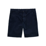 Navy blue cotton Archie Short by AG Jeans, crafted from premium Italian Sorrento Stretch Twill, featuring belt loops, front button closure, and side pockets, displayed on a white background.