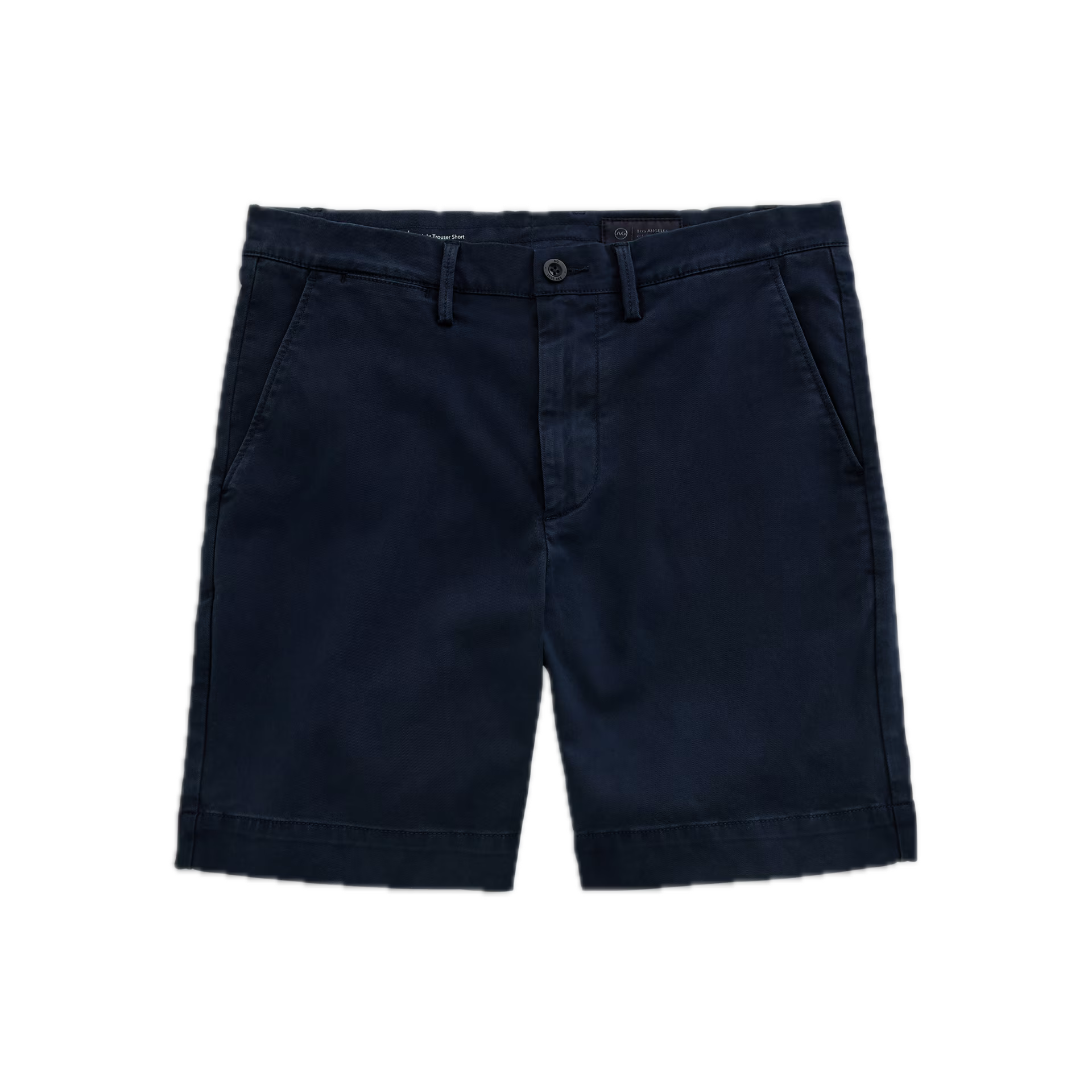 Navy blue cotton Archie Short by AG Jeans, crafted from premium Italian Sorrento Stretch Twill, featuring belt loops, front button closure, and side pockets, displayed on a white background.