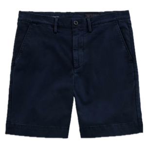 Navy blue cotton Archie Short by AG Jeans, crafted from premium Italian Sorrento Stretch Twill, featuring belt loops, front button closure, and side pockets, displayed on a white background.