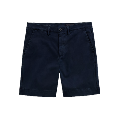 Navy blue cotton Archie Short by AG Jeans, crafted from premium Italian Sorrento Stretch Twill, featuring belt loops, front button closure, and side pockets, displayed on a white background.