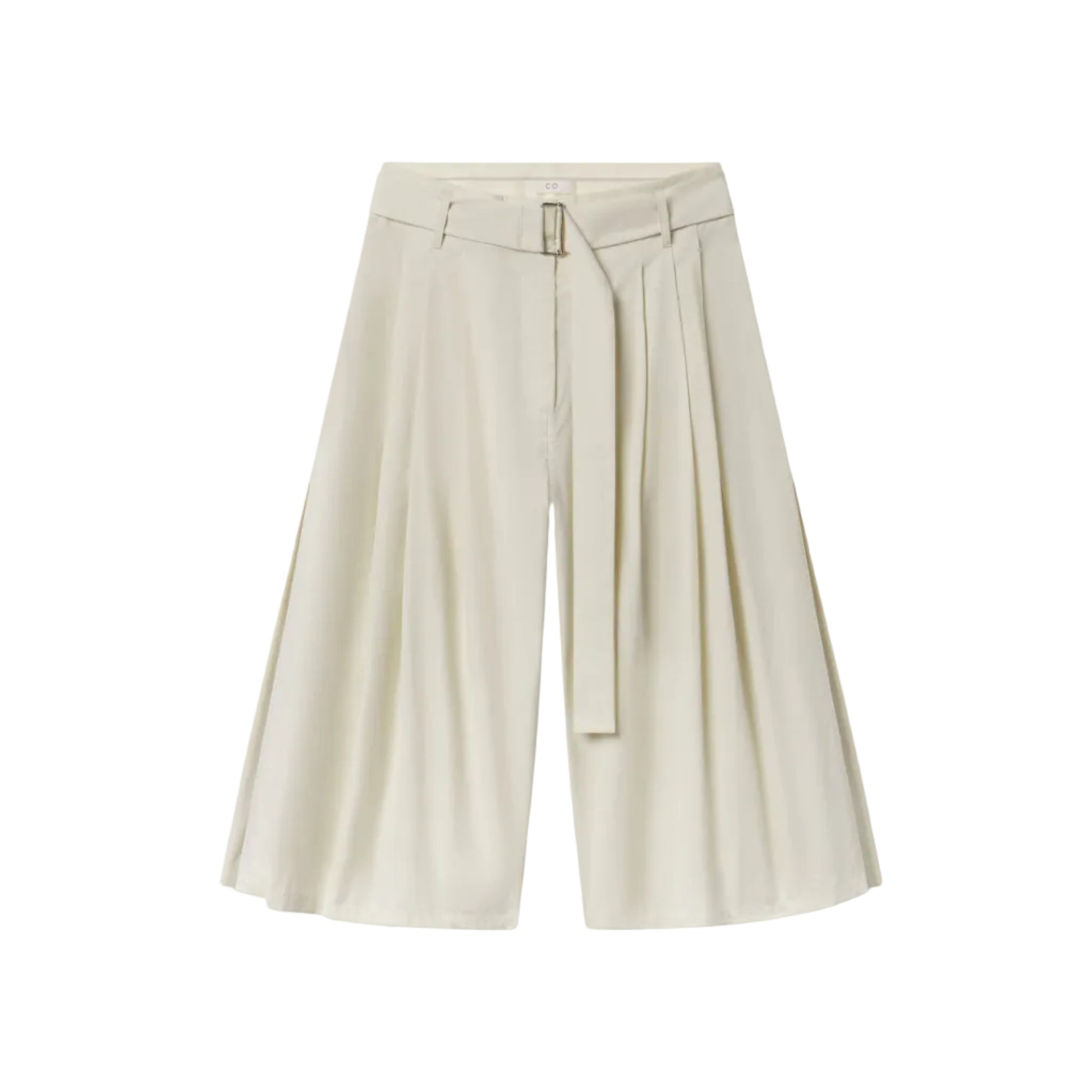 CO’s Pleated Culotte features wide legs, front pleats, a matching fabric belt, and comes in light beige, shown against a white background.