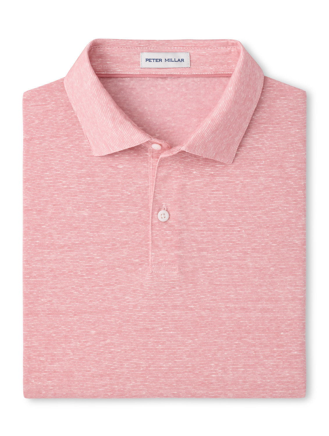 The Sanibel Polo by Peter Millar is a folded light pink collared linen-cotton shirt featuring a subtle heather pattern and the signature label inside the collar—an essential casual piece for your wardrobe.