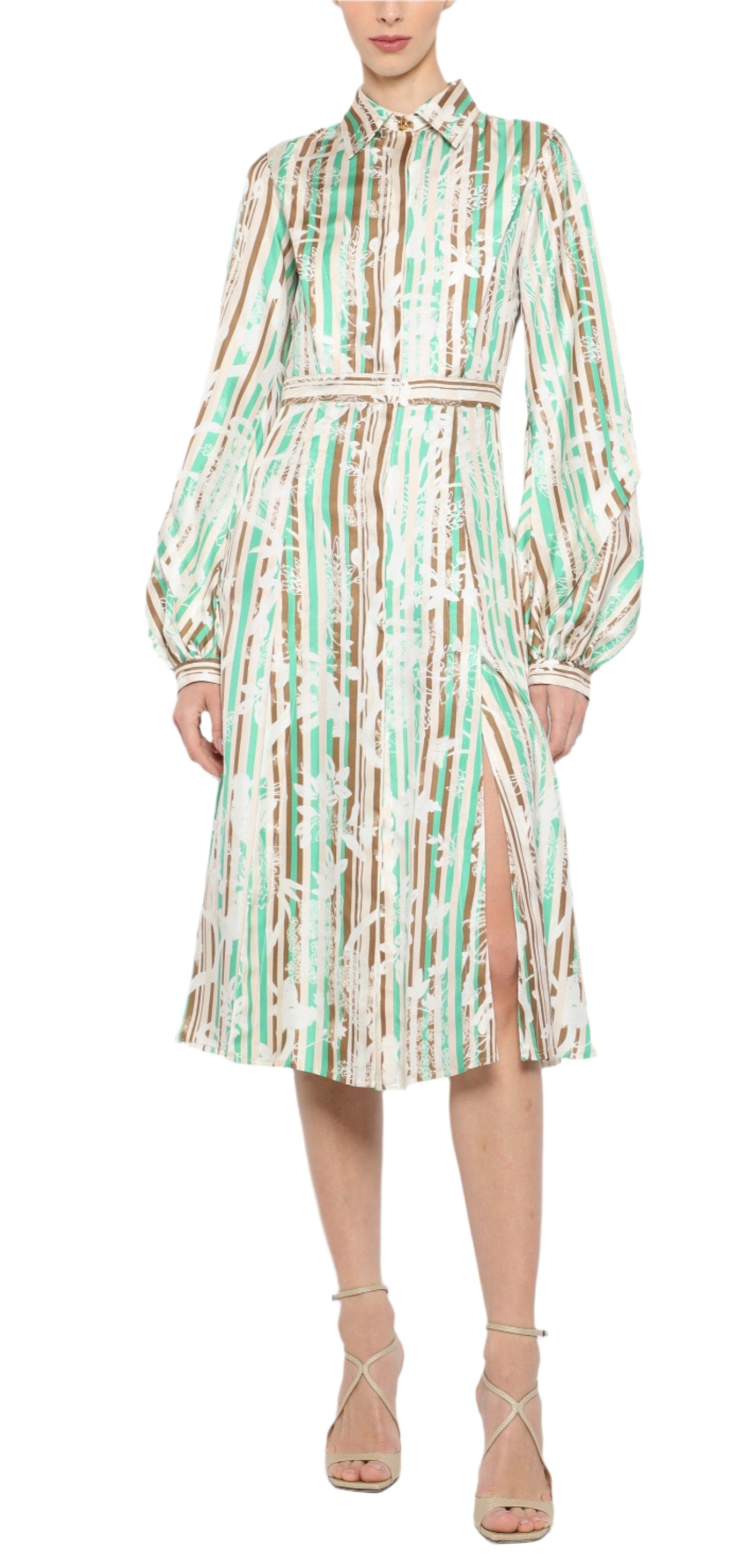 The Prabal Gurung Poet Sleeve Shirtdress is a versatile knee-length dress with a side slit, featuring long sleeves and an ecru multi-stripe pattern in green, white, and brown. When paired with strappy high heels, it exudes sophistication with its elegant collar.