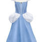 A blue and white Great Pretenders Boutique Princess Gown with a hoop skirt displayed on a mannequin.