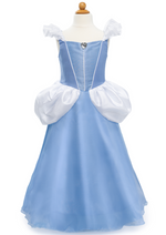 A blue and white Great Pretenders Boutique Princess Gown with a hoop skirt displayed on a mannequin.