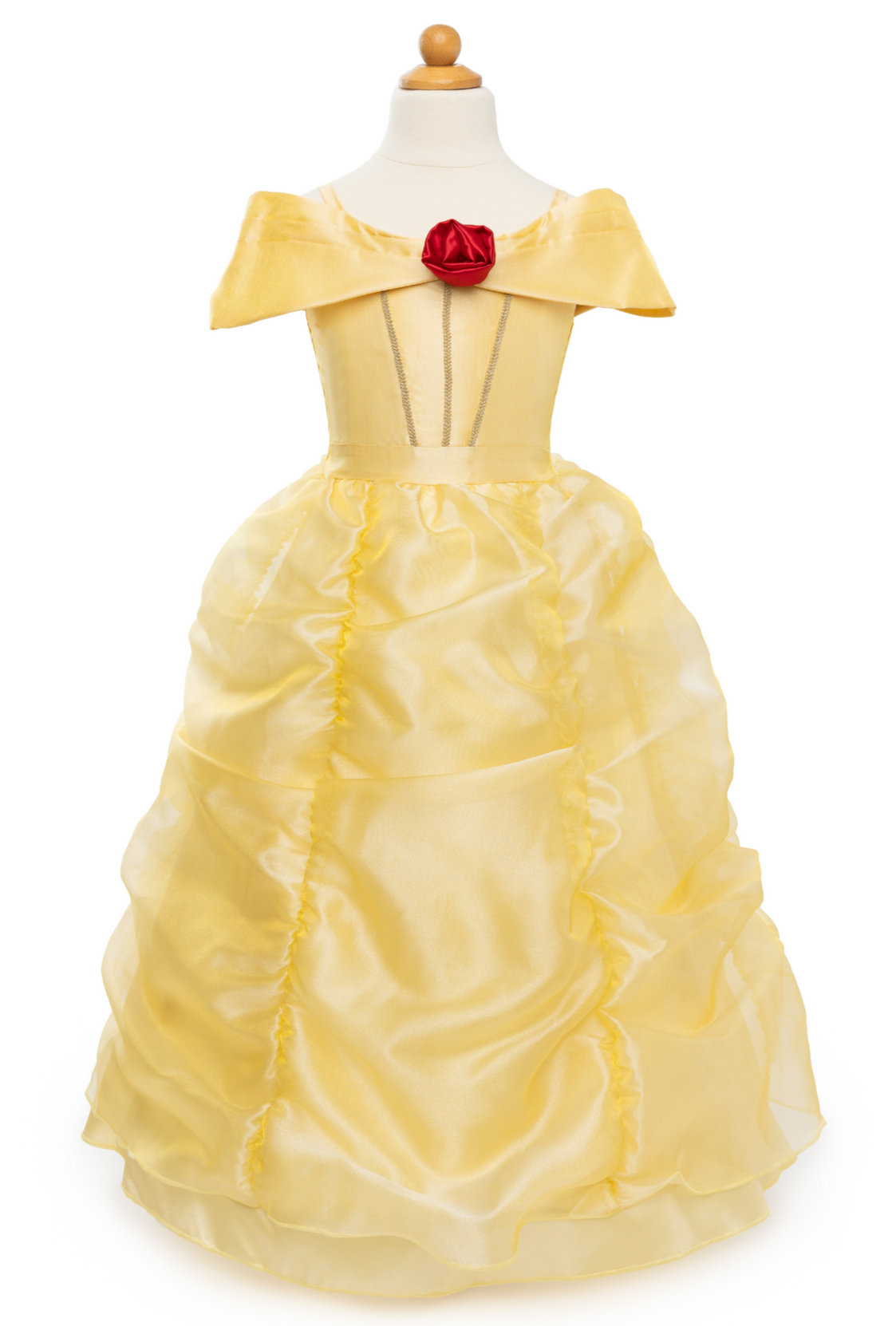 Great Pretenders Boutique Princess Gown with a red rose embellishment on a mannequin, isolated on a white background.