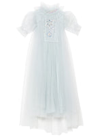 The Girls’ Snow Queen Tutu Dress by Tutu du Monde features a light blue tulle design with puffed short sleeves, a ruffled high neckline, and intricate decorative beading on the bodice. Its layered tulle skirt adds extra volume and enchantment, making it perfect for your little one’s ice queen costume.