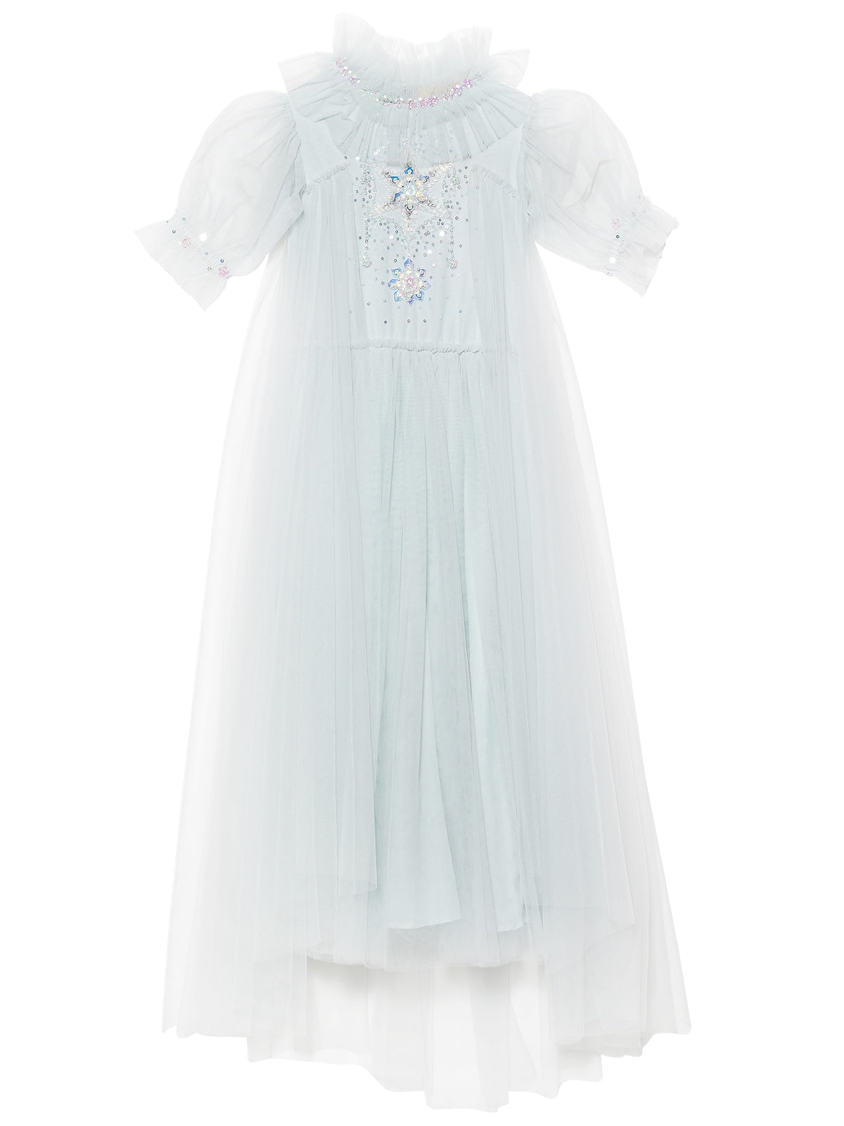 The Girls’ Snow Queen Tutu Dress by Tutu du Monde features a light blue tulle design with puffed short sleeves, a ruffled high neckline, and intricate decorative beading on the bodice. Its layered tulle skirt adds extra volume and enchantment, making it perfect for your little one’s ice queen costume.