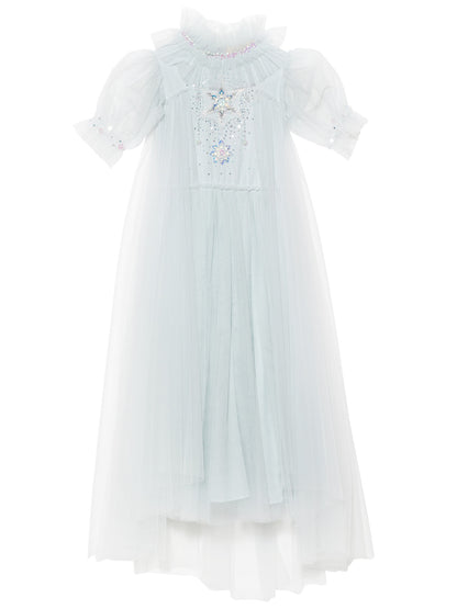The Girls’ Snow Queen Tutu Dress by Tutu du Monde features a light blue tulle design with puffed short sleeves, a ruffled high neckline, and intricate decorative beading on the bodice. Its layered tulle skirt adds extra volume and enchantment, making it perfect for your little one’s ice queen costume.