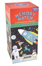 A Floss & Rock Memory Match, Space game box by Floss and Rock, featuring 18 matching picture pairs with a space theme to boost cognitive skills. The packaging shows a rocket, astronaut, planets, and aliens. Includes a warning for ages 2 and up.