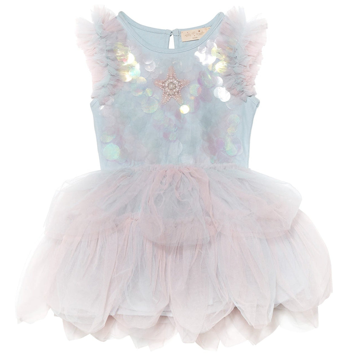 Light blue and pink Baby Girls’ Bebe Mermaid Magic Tutu Dress by Tutu du Monde, featuring ruffled shoulders, iridescent sequin discs, a star embellishment on the chest, and a fluffy tulle skirt for extra Shine Blue Mix charm.
