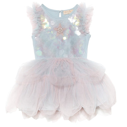 Light blue and pink Baby Girls’ Bebe Mermaid Magic Tutu Dress by Tutu du Monde, featuring ruffled shoulders, iridescent sequin discs, a star embellishment on the chest, and a fluffy tulle skirt for extra Shine Blue Mix charm.
