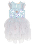 The Girls’ Mermaid Magic Tutu Dress by Tutu du Monde features a light blue sleeveless design with ruffled shoulders, iridescent sequins on the bodice, a sparkling sequin starfish accent, and a layered tulle skirt. The dress is shown against a white background.