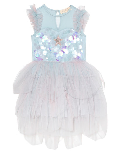 The Girls’ Mermaid Magic Tutu Dress by Tutu du Monde features a light blue sleeveless design with ruffled shoulders, iridescent sequins on the bodice, a sparkling sequin starfish accent, and a layered tulle skirt. The dress is shown against a white background.