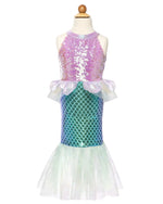 A child-sized mannequin models the Great Pretenders Misty Mermaid Dress: a sleeveless costume featuring an iridescent sequined purple top, green scale-patterned skirt, and sheer green fin-like hem.