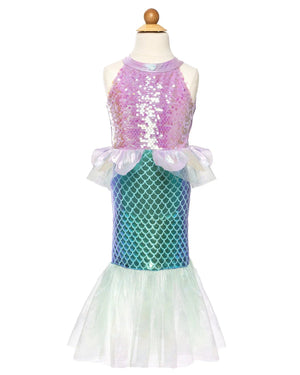 A child-sized mannequin models the Great Pretenders Misty Mermaid Dress: a sleeveless costume featuring an iridescent sequined purple top, green scale-patterned skirt, and sheer green fin-like hem.